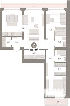 2-к квартира, вторичка, 93м2, 8/9 этаж
