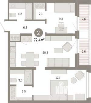 2-к квартира, вторичка, 72м2, 5/9 этаж