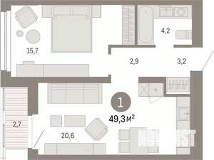 1-к квартира, вторичка, 49м2, 6/7 этаж
