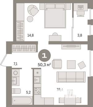 1-к квартира, вторичка, 50м2, 5/17 этаж