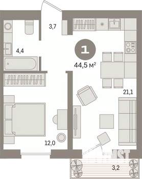 1-к квартира, вторичка, 44м2, 6/17 этаж