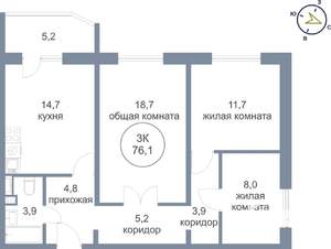 3-к квартира, строящийся дом, 76м2, 21/25 этаж