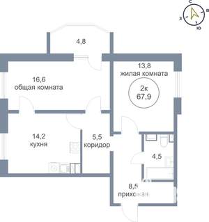 2-к квартира, вторичка, 68м2, 2/21 этаж