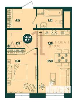 1-к квартира, строящийся дом, 42м2, 16/16 этаж
