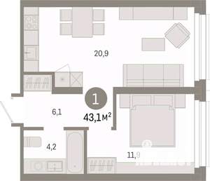 1-к квартира, вторичка, 43м2, 2/9 этаж