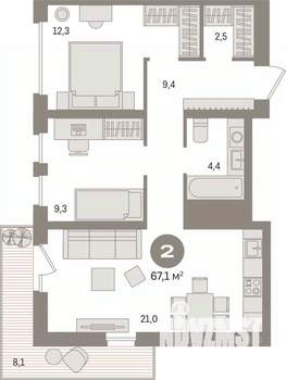 2-к квартира, вторичка, 67м2, 4/17 этаж