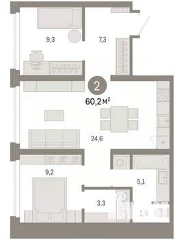 2-к квартира, вторичка, 60м2, 2/9 этаж