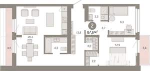 2-к квартира, вторичка, 88м2, 7/9 этаж
