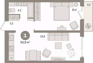 1-к квартира, вторичка, 55м2, 4/17 этаж