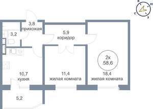 2-к квартира, вторичка, 59м2, 1/25 этаж