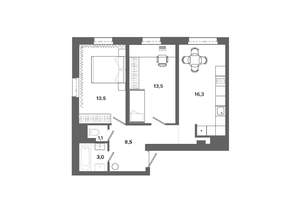 2-к квартира, вторичка, 56м2, 2/16 этаж