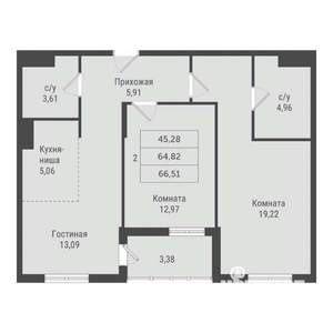 2-к квартира, строящийся дом, 67м2, 9/23 этаж
