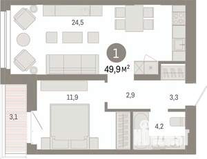 1-к квартира, вторичка, 50м2, 3/7 этаж