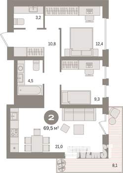 2-к квартира, вторичка, 69м2, 4/15 этаж