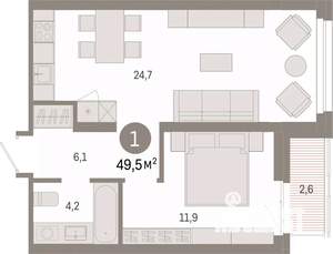 1-к квартира, вторичка, 50м2, 3/9 этаж