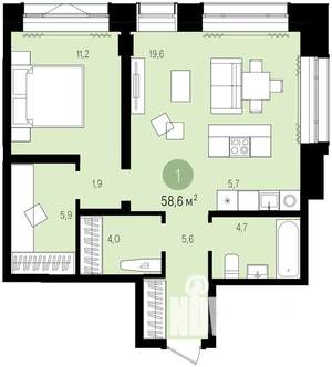 1-к квартира, строящийся дом, 59м2, 2/16 этаж
