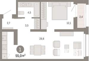 1-к квартира, вторичка, 55м2, 6/17 этаж