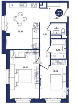 2-к квартира, строящийся дом, 66м2, 5/16 этаж