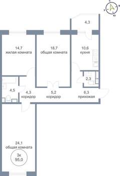 3-к квартира, вторичка, 95м2, 16/21 этаж