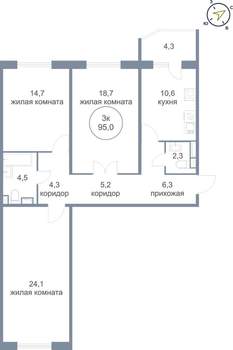 3-к квартира, вторичка, 95м2, 13/21 этаж