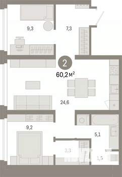 2-к квартира, вторичка, 60м2, 2/9 этаж