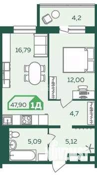 1-к квартира, вторичка, 48м2, 6/9 этаж