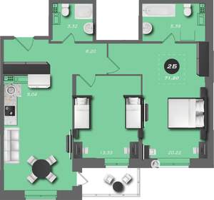 2-к квартира, строящийся дом, 71м2, 8/22 этаж
