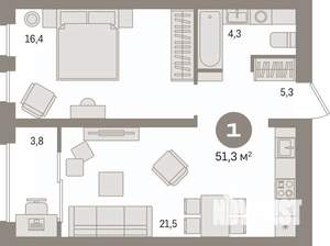 1-к квартира, вторичка, 51м2, 8/17 этаж