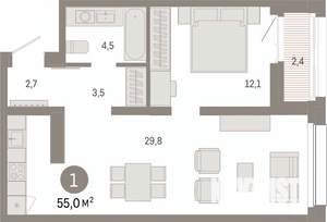 1-к квартира, вторичка, 55м2, 8/17 этаж