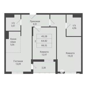 2-к квартира, строящийся дом, 67м2, 6/23 этаж