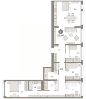 4-к квартира, вторичка, 121м2, 2/7 этаж
