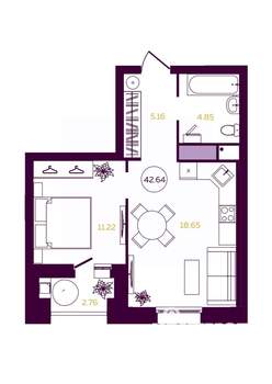 1-к квартира, вторичка, 43м2, 7/23 этаж