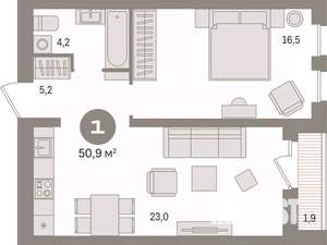 1-к квартира, вторичка, 51м2, 10/17 этаж