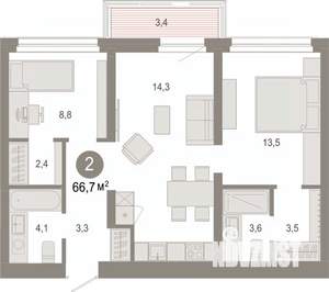 2-к квартира, вторичка, 67м2, 6/9 этаж