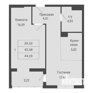1-к квартира, вторичка, 44м2, 2/22 этаж