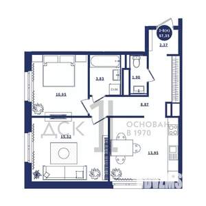 2-к квартира, строящийся дом, 57м2, 13/16 этаж