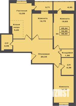 3-к квартира, строящийся дом, 97м2, 22/22 этаж