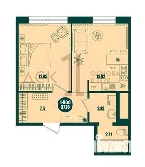 1-к квартира, строящийся дом, 38м2, 2/16 этаж