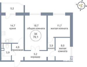 3-к квартира, вторичка, 76м2, 11/15 этаж