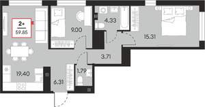 2-к квартира, вторичка, 60м2, 9/21 этаж