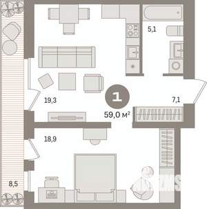 1-к квартира, вторичка, 59м2, 2/17 этаж