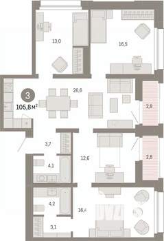 3-к квартира, вторичка, 106м2, 16/17 этаж