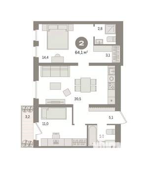 2-к квартира, вторичка, 64м2, 5/8 этаж