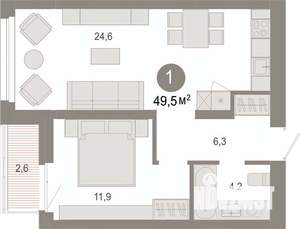 1-к квартира, вторичка, 50м2, 5/9 этаж