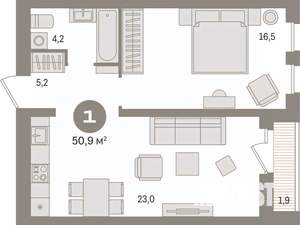1-к квартира, вторичка, 51м2, 10/17 этаж