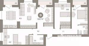 3-к квартира, вторичка, 115м2, 8/9 этаж