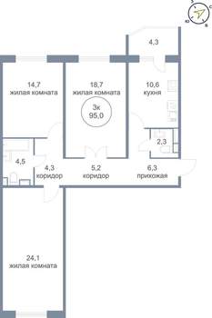 3-к квартира, вторичка, 95м2, 14/21 этаж