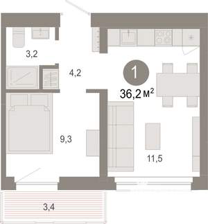 1-к квартира, вторичка, 36м2, 8/9 этаж
