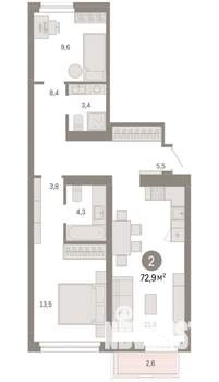 2-к квартира, вторичка, 73м2, 3/9 этаж