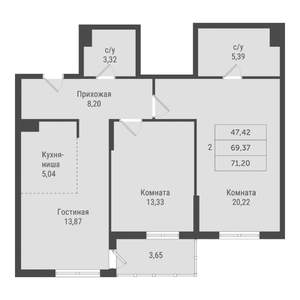 2-к квартира, вторичка, 71м2, 14/22 этаж